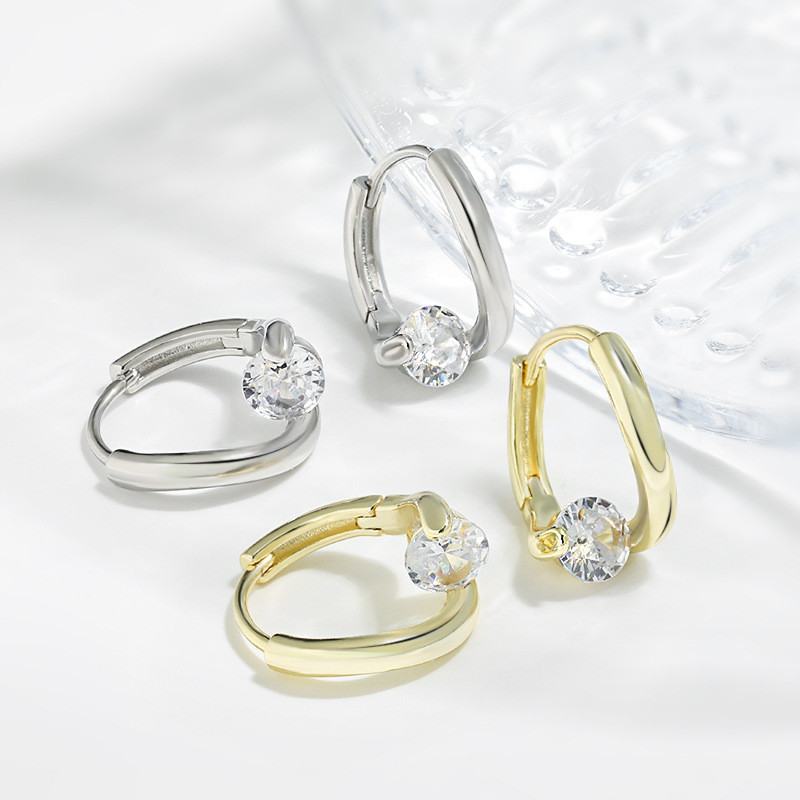 Round Zircon Personality Geometric Earrings for Women Fashion Versatile Korean Style Niche High-end Cross Single Diamond Earrings