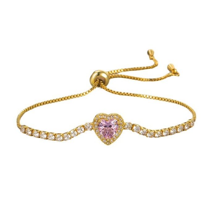European and American Cross-Border Heart Zircon Pink Adjustable Bracelet Fashion Light Luxury Style Temperament Bracelet Commuting New Hand Jewelry