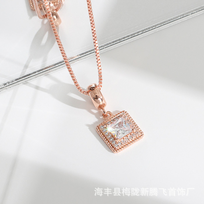 Zirconia Square Pendant Necklace Original Design Fashionable Simple High-end Feel Gemstone Sugar Cube Necklace