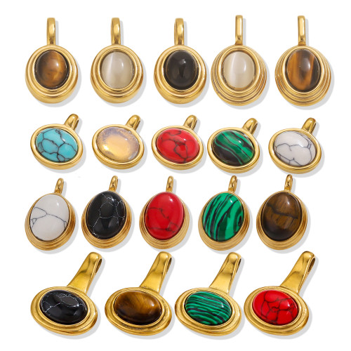Vintage Style Natural Stone Pendant Stainless Steel Tiger Eye Oval Gemstone Pendant DIY Jewelry Accessories Multiple Colors Available