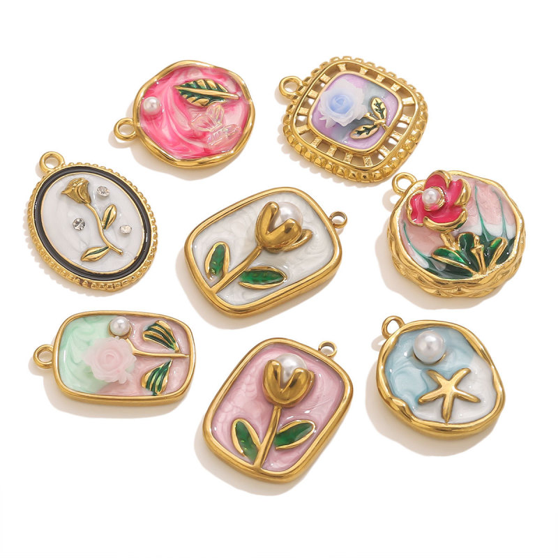 Stainless Steel Multi-style Oil Drop Flower Pendant DIY Flower Shell Fashion Clothing Pendant Bracelet Necklace Accessories