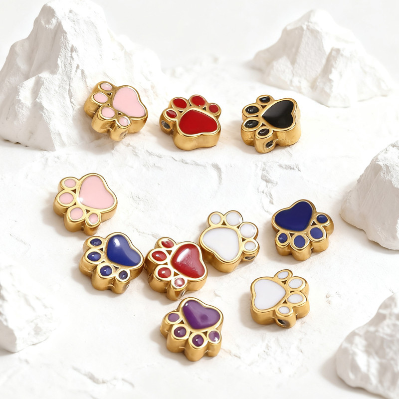 Colorful Oil Drop Animal Paw Print Beads Stainless Steel Cute Cat Paw Dog Paw Loose Beads DIY Bracelet Jewelry Accessories