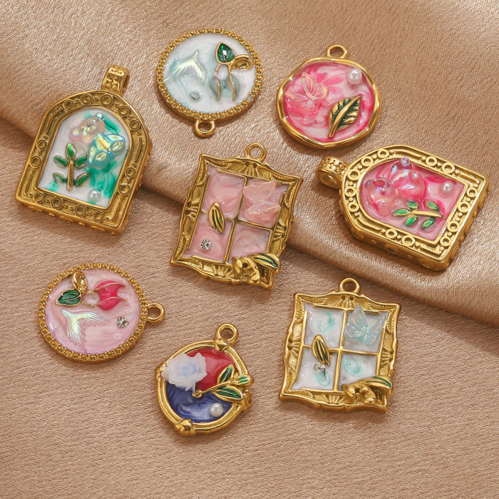 Stainless Steel Oil Painting Flower Pearl Series Pendant DIY Fashion Clothing Pendant Bracelet Necklace Accessories