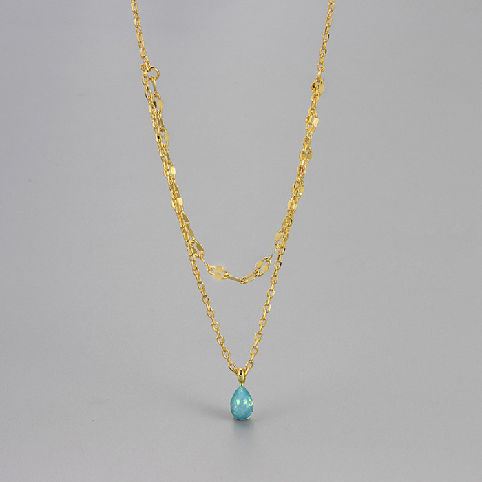 Cross-Border Hot-Selling Women's Petite Blue Tears Double-Layer Chain Blue Topaz Small Water Drop Necklace Opal Blue Sparkling Collarbone Chain Versatile