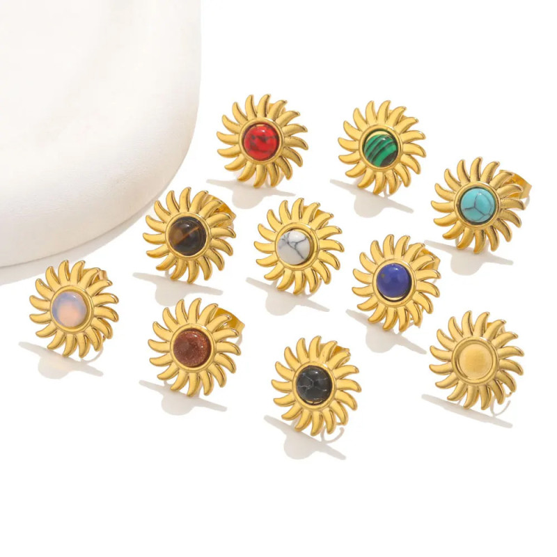 Stainless Steel Natural Stone Sunflower Earrings Titanium Steel Earrings Tiger Eye Stone Earrings DIY Jewelry Accessories Earrings