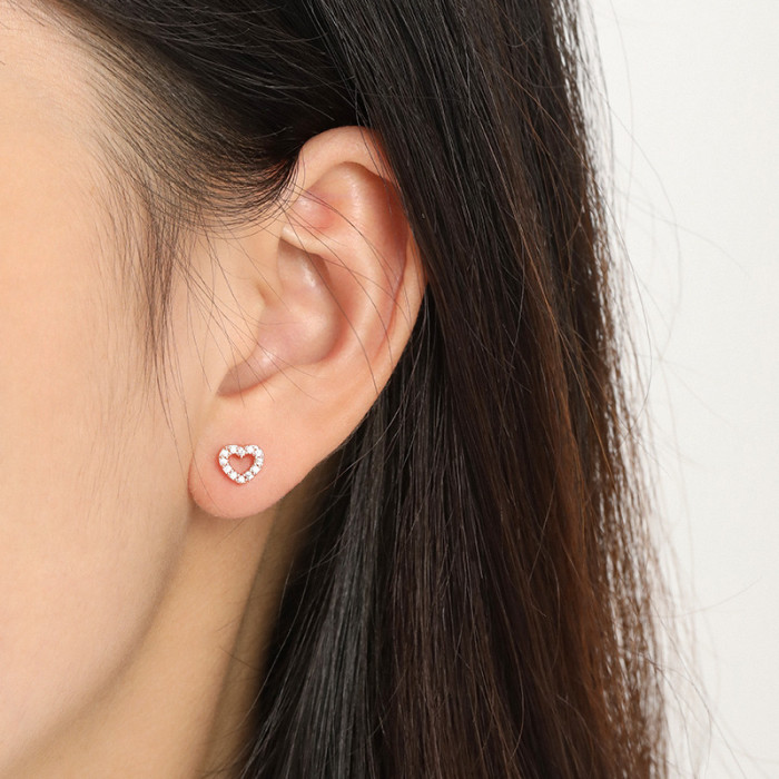 Korean Version 18K Peach Heart Fully Stone-Set Micro Inlaid Earrings Fashion Versatile Heart 3A Zircon Fresh Simple INS...