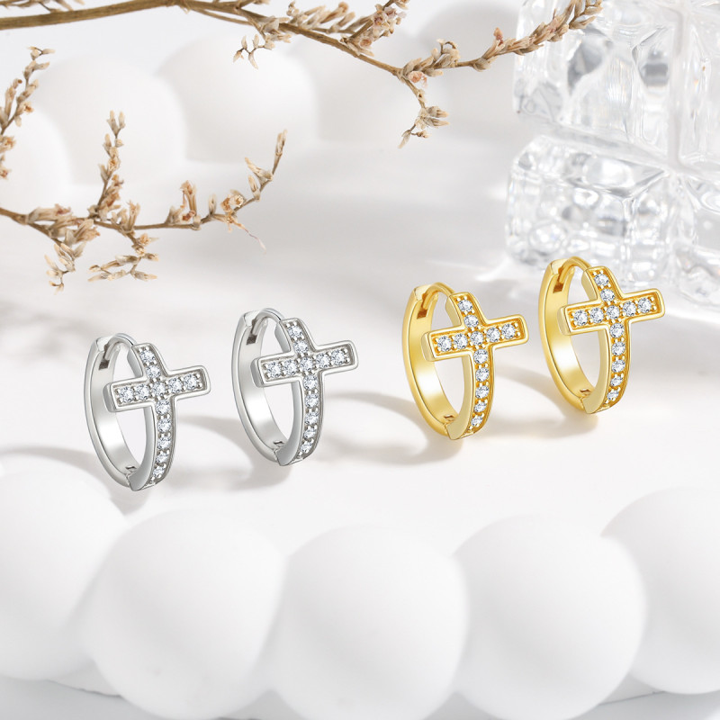 Cross-Border Hot-Selling Korean Style Earrings Hoops for Women Fashion Simple INS Style Personality Inlaid Diamond Mini Cross Earrings