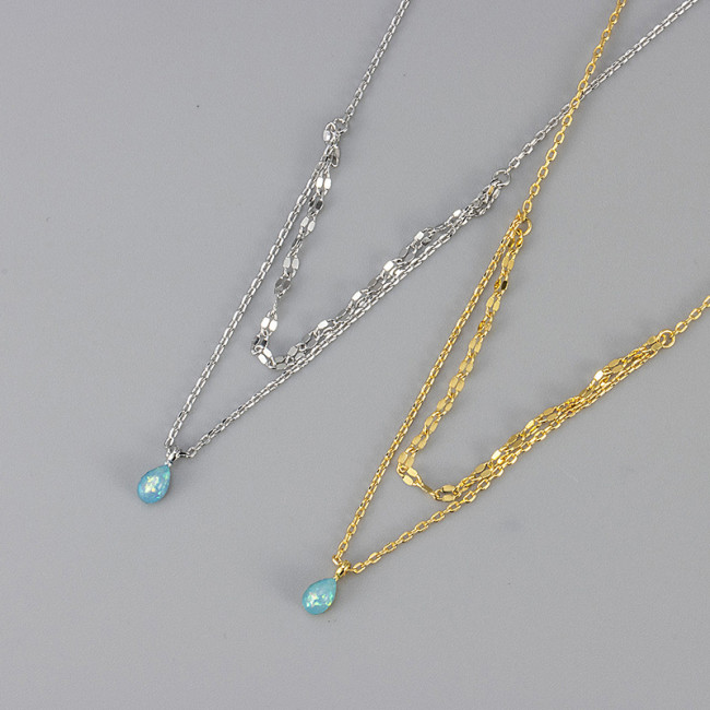 Cross-Border Hot-Selling Women's Petite Blue Tears Double-Layer Chain Blue Topaz Small Water Drop Necklace Opal Blue Sparkling Collarbone Chain Versatile