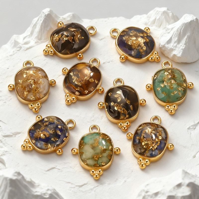 Cross-Border INS Style Oval Trendy Element Natural Stone Small Gravel Epoxy Resin Pendant DIY Titanium Steel Pendant Accessories