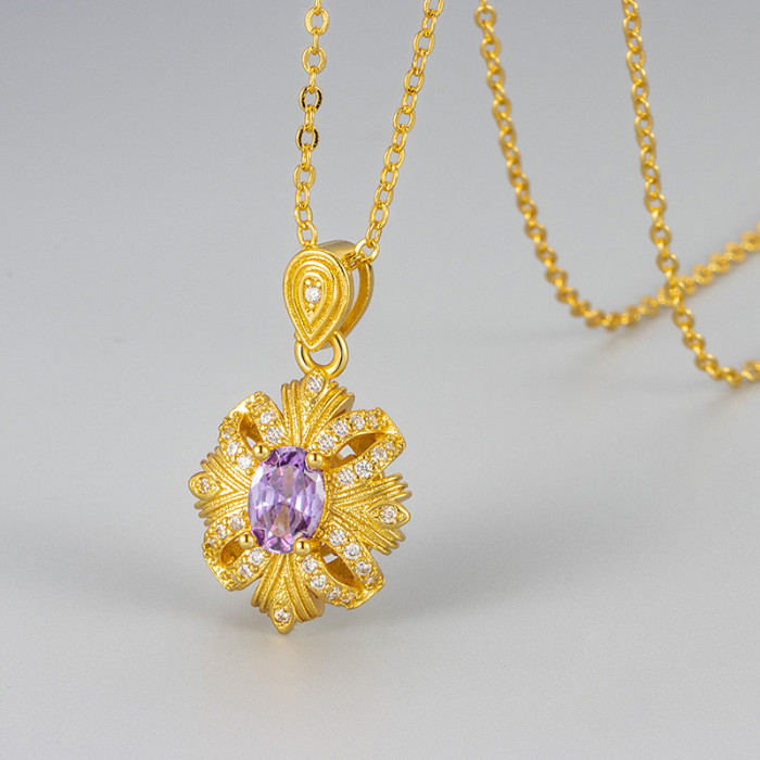Vintage Purple Plum Blossom Ribbon Pendant Retro Ancient Gold Noble Elegant Purple Zircon Necklace Elegant Fashion Jewelry