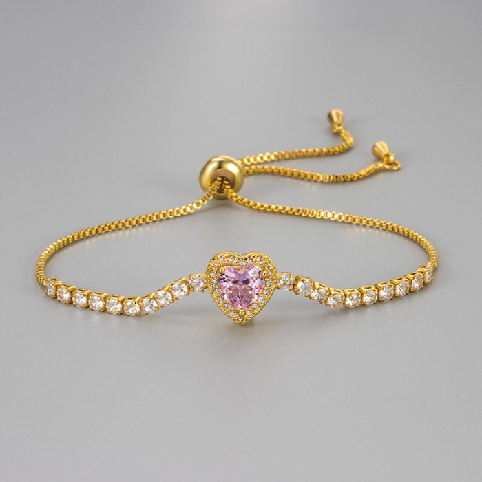 European and American Cross-Border Heart Zircon Pink Adjustable Bracelet Fashion Light Luxury Style Temperament Bracelet Commuting New Hand Jewelry