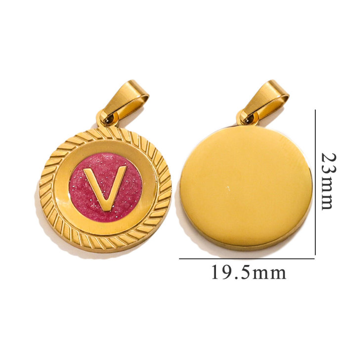 Round Pink Oil Drop Pendant Stainless Steel English Initial Letter Charm DIY Bracelet Necklace Jewelry Accessories Wh...