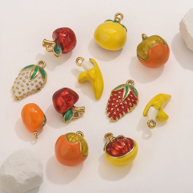 Drip Oil Cartoon Series Fruit Pendant Stainless Steel Jewelry Necklace Bracelet Strawberry Banana Apple Hanging Accessories