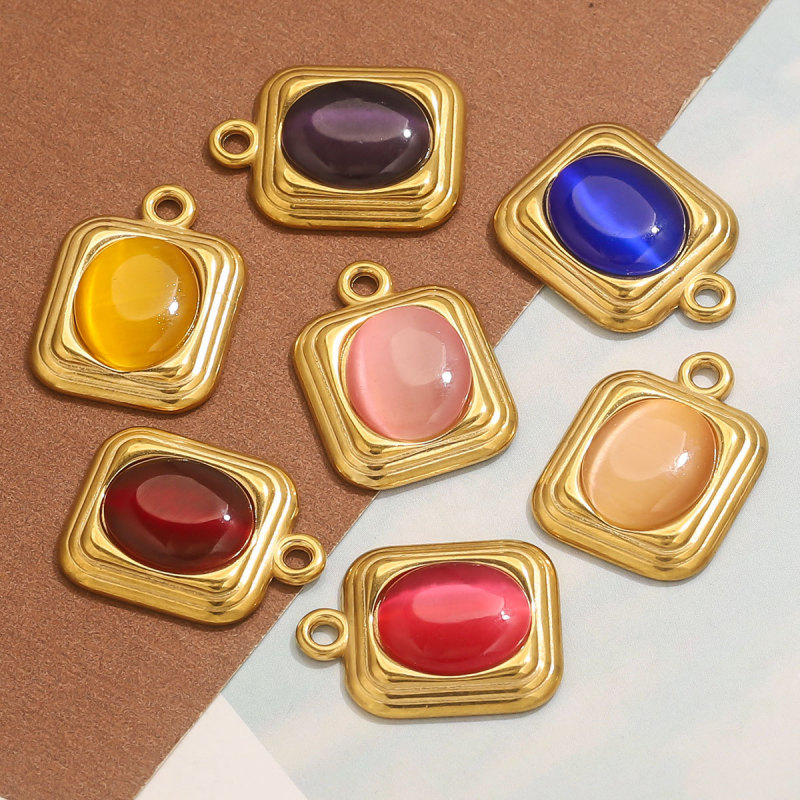 Stainless Steel Rectangle Pendant Oval Cat's Eye Stone Square Pendant DIY Jewelry Accessories Wholesale
