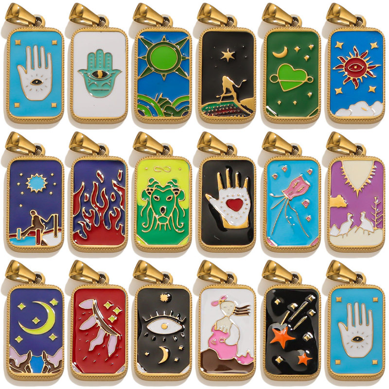 Stainless Steel Rectangular Tarot Card Starry Sky Pendant Titanium Steel European and American Enamel Palm Moon Pendant DIY Necklace