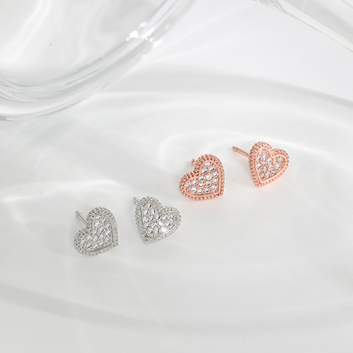 Rose Gold Light Luxury Korean Style Heart Earrings for Women Full Diamond Heart Girl's Style European and American Retro Braided Heart Earrings