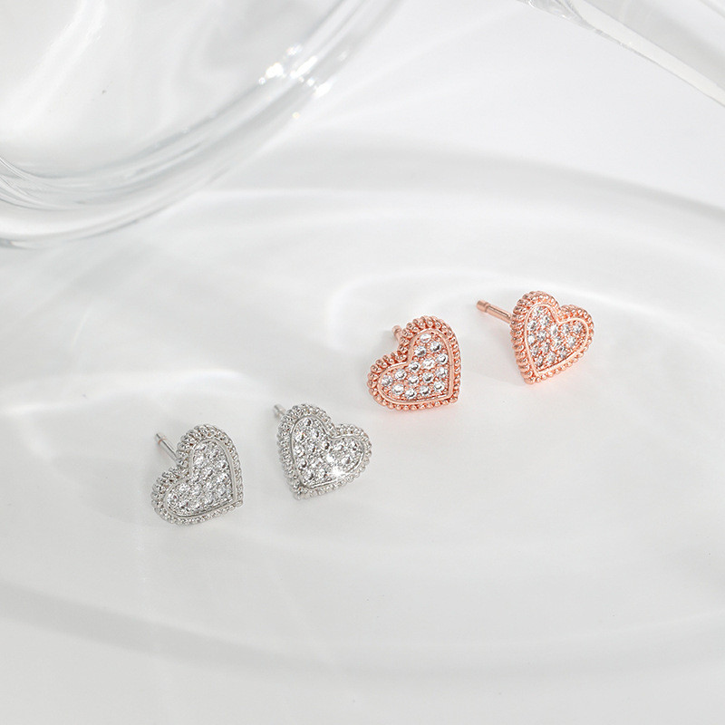 Rose Gold Light Luxury Korean Style Heart Earrings for Women Full Diamond Heart Girl's Style European and American Retro Braided Heart Earrings