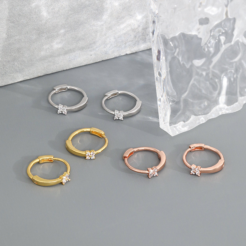 Ear Bone Stud Silver Jewelry Exquisite Zircon Ear Clip Korean Simple Ear Hoop Inlaid with Diamond Four-Leaf Clover Circle Style Rose Gold Earrings