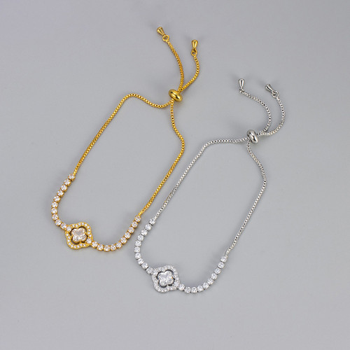 Hot-Selling Niche Design Four-Leaf Flower Zircon Bracelet Small Versatile Exquisite Pull Chain Fully Stone-Set Chain, Ne...