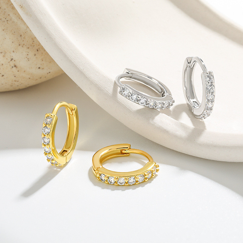 Versatile Hoop Earrings Simple Round Ear Clips European and American Style Trendy Women's Sweet Diamond-Studded Single Row Circle Earrings