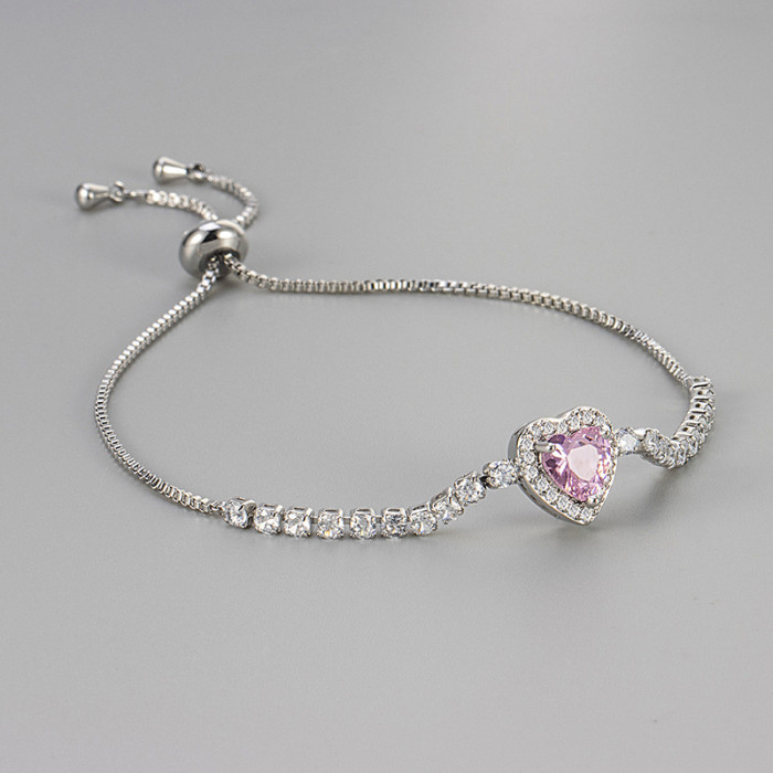 European and American Cross-Border Heart Zircon Pink Adjustable Bracelet Fashion Light Luxury Style Temperament Bracelet Commuting New Hand Jewelry