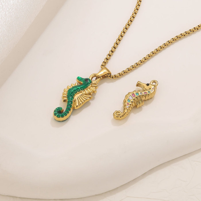 Stainless Steel 18K Real Gold Oil Drop Colorful Seahorse Pendant Fashion Creative Ocean Bracelet Necklace Pendant DIY Jewelry