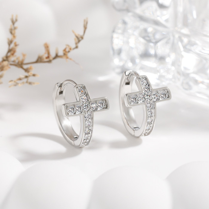 Hot-Selling Korean Style Earrings Hoops for Women Fashion Simple INS Style Personality Stone-Inlaid Mini Cross Earr...