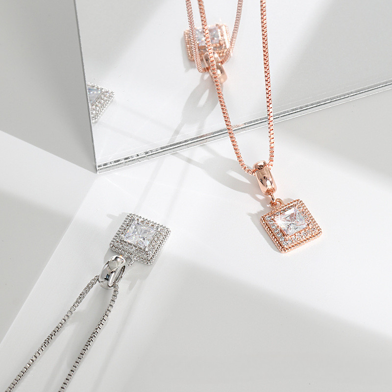 Zirconia Square Pendant Necklace Original Design Fashionable Simple High-end Feel Gemstone Sugar Cube Necklace