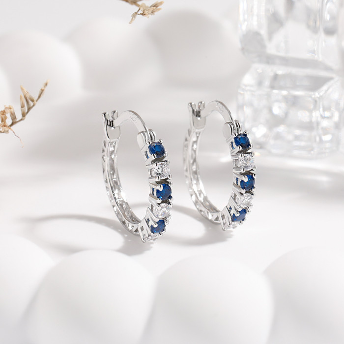 Hot-Selling Exquisite Two-Tone Earrings Hollow Trendy Simple Stone-Inlaid Spacer Sapphire Earrings