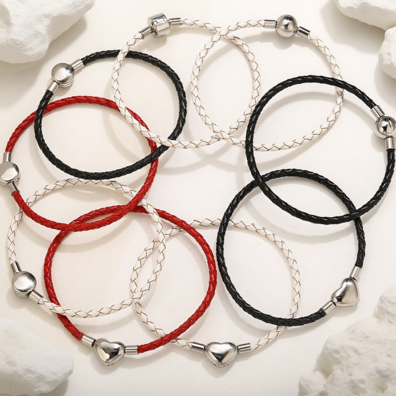 Cross-Border Hot Sale Japanese and Korean Fashion Simple Woven Leather Rope Bracelet Stainless Steel Snap Couple Bracelet Export Jewelry