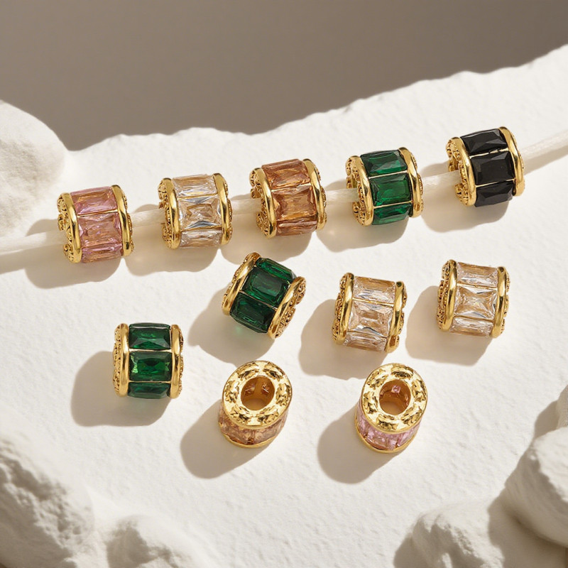 Stainless Steel 18K Gold Plated Micro Inlaid Crystal Spacer Beads Large Hole Barrel Beads DIY Bracelet Large Hole Jewelry Accessories Small Waist