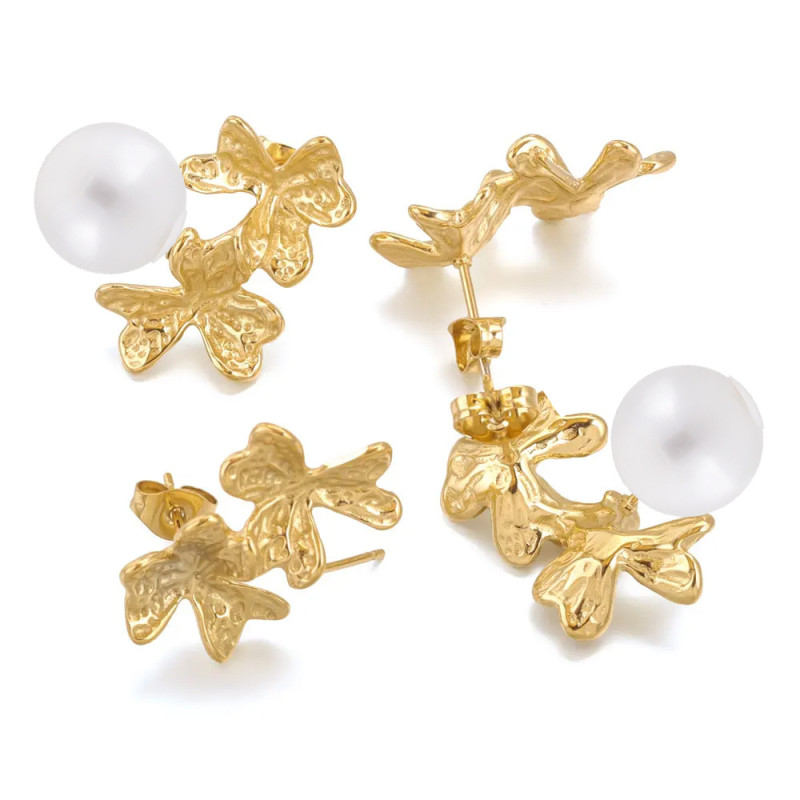 Stainless Steel 18K Gold Vacuum Plated Two-Flower Three-Leaf Flower Earrings Pearl Setting DIY Earring Jewelry Making Earrings