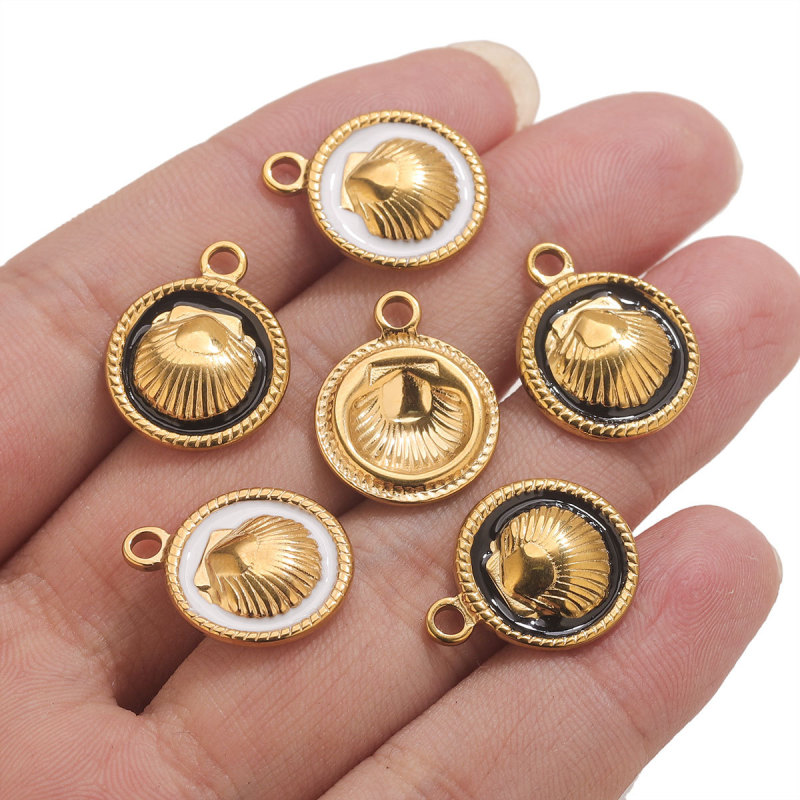 Stainless Steel Oil Drip Shell Round Pendant Jewelry Accessories DIY Women's Necklace Earring Pendant Components