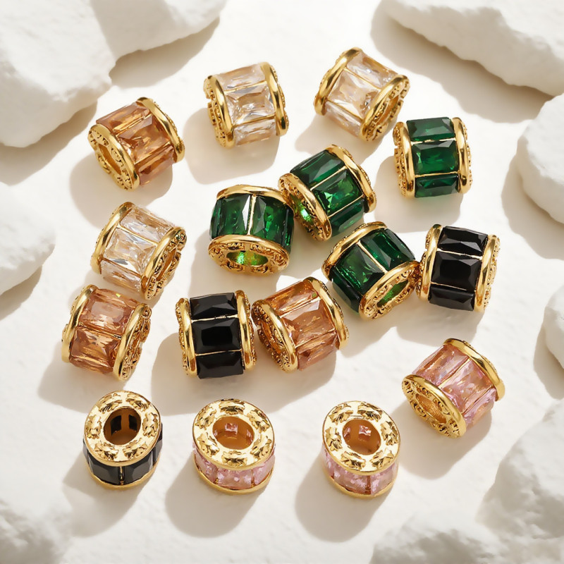 Stainless Steel 18K Gold Plated Micro Inlaid Crystal Spacer Beads Large Hole Barrel Beads DIY Bracelet Large Hole Jewelry Accessories Small Waist