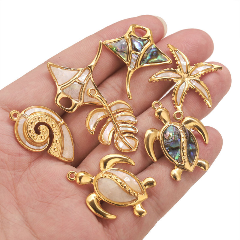 Stainless Steel Natural Shell Pendant Summer Beach Style Turtle Starfish Conch Jewelry DIY Pendant Accessories