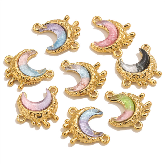 Stainless Steel Starry Sky Series Dreamy Colorful Moon Double Hole Pendant DIY Necklace Accessories