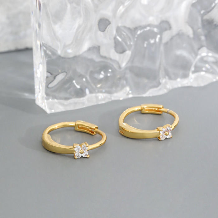 Ear Bone Stud Silver Jewelry Exquisite Zircon Ear Clip Korean Simple Ear Hoop Inlaid with Stones Four-Leaf Clover Ci...