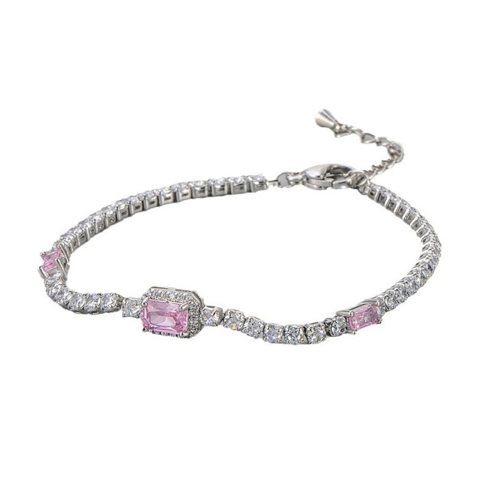 Cross-Border European and American Pink Square Full Diamond Crystal Bracelet for Women, Light Luxury Niche Emerald Exquisite Best Friend Bracelet Manufacturer