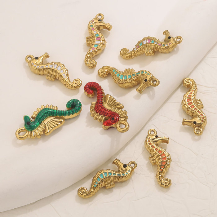 Stainless Steel 18K Real Gold Oil Drop Colorful Seahorse Pendant Fashion Creative Ocean Bracelet Necklace Pendant DIY Jewelry