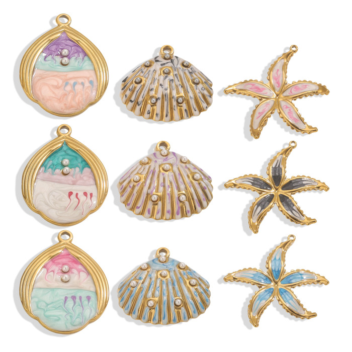 Stainless Steel Water Drop Shell Inlaid Pearl Starfish Pendant Gradient Color DIY Accessories Pendant Wholesale