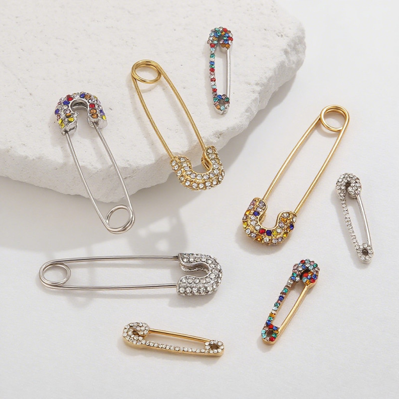 Stainless Steel Multicolor Rhinestone Pin-Style Openable European and American Style Metal Brooch Clothing Accessories DIY Jewelry Wholesale