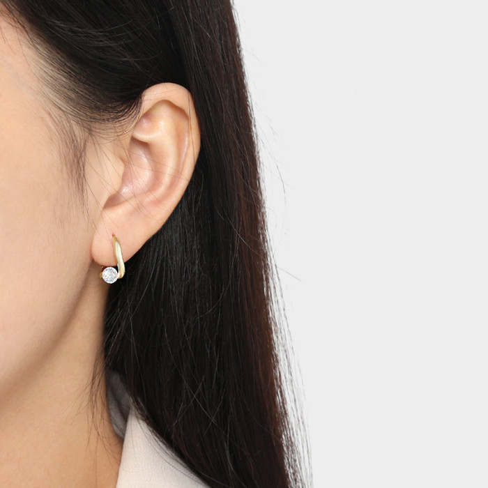 Round Zircon Personality Geometric Earrings for Women Fashion Versatile Korean Style Niche High-end Cross Single Diamond Earrings