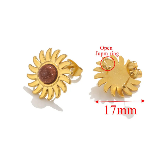Stainless Steel Natural Stone Sunflower Earrings Titanium Steel Earrings Tiger Eye Stone Earrings DIY Jewelry Accesso...