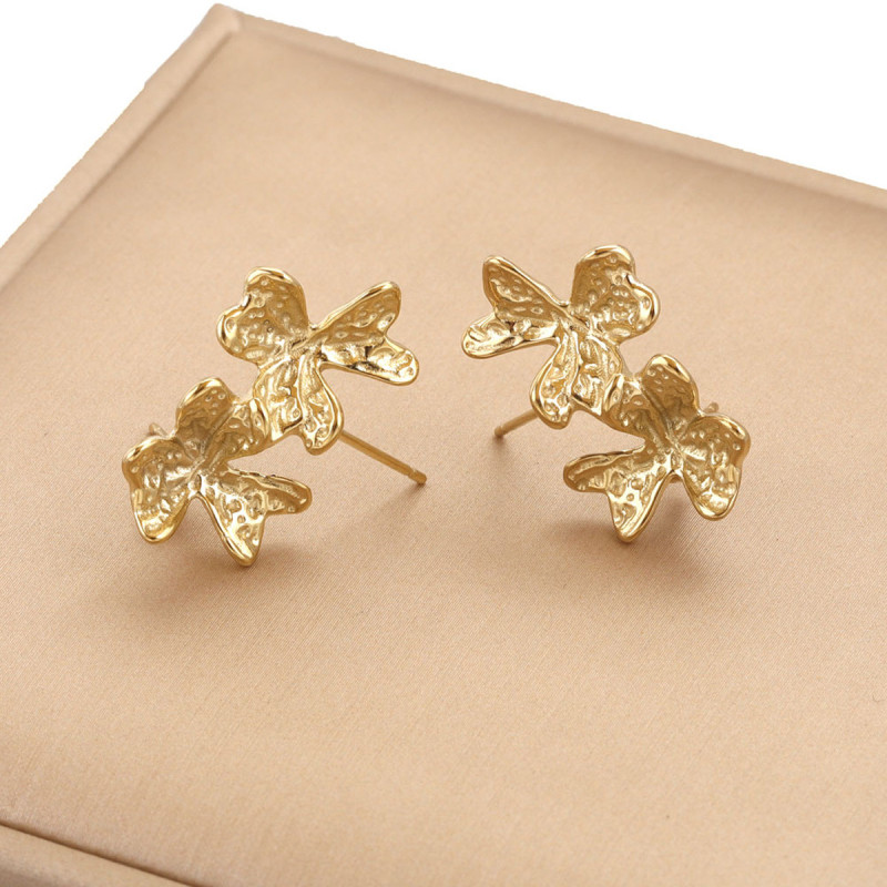 Stainless Steel 18K Gold Vacuum Plated Two-Flower Three-Leaf Flower Earrings Pearl Setting DIY Earring Jewelry Making Earrings