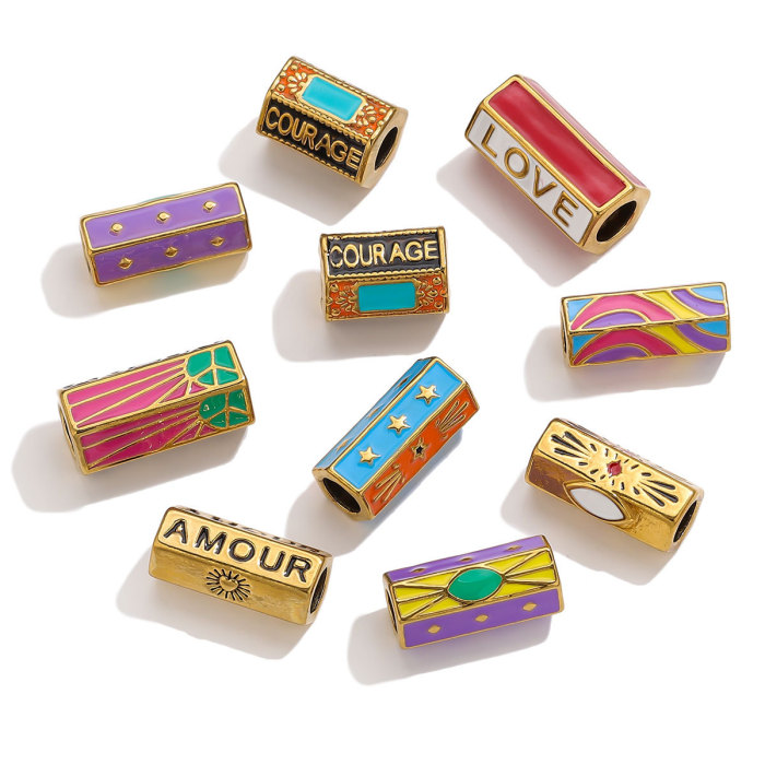 Cross-Border New Stainless Steel Casting Hexagonal Colorful Oil Drop Large Hole Long Beads DIY Jewelry Accessories Parts Wholesale