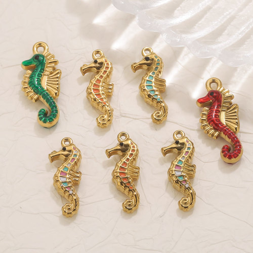 Stainless Steel 18K Real Gold Oil Drop Colorful Seahorse Pendant Fashion Creative Ocean Bracelet Necklace Pendant DIY Jewelry