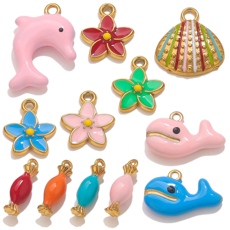 Stainless Steel Oil Drop Cartoon Pendant Dolphin Candy Flower Shell Jewelry Necklace Bracelet Pendant Accessories