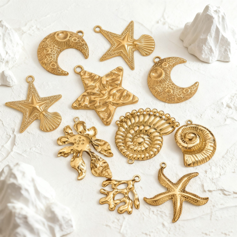 Stainless Steel Vacuum Gold-Plated Five-Pointed Star Pendant DIY Cross-Border Necklace Moon Pendant Jewelry Creative Accessories