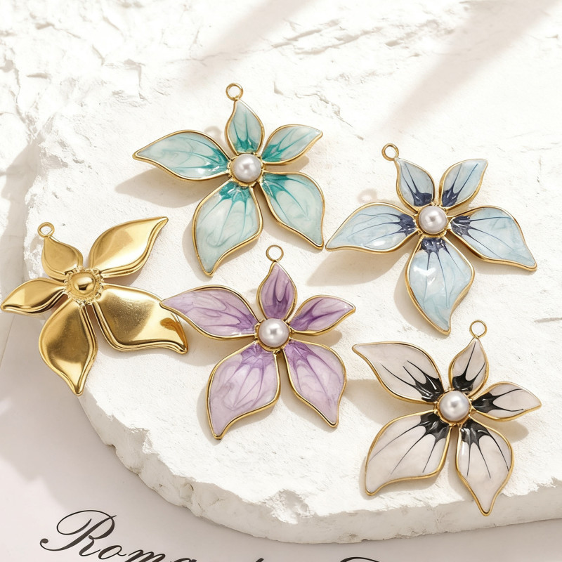 Colorful Oil Drop Flower Pearl Pendant Stainless Steel Edge Petal Hanging DIY Bracelet Necklace Earring Jewelry Accessories