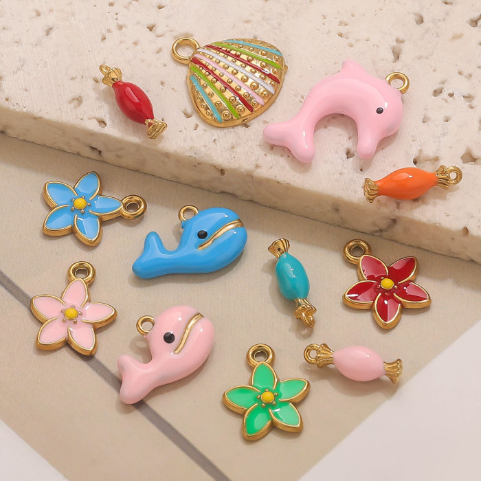 Stainless Steel Oil Drop Cartoon Pendant Dolphin Candy Flower Shell Jewelry Necklace Bracelet Pendant Accessories